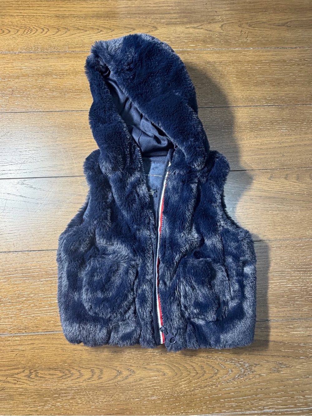 Tommy Hilfiger Navy Faux Fur Teddy Jacket with Flag Trim - Toddler 2T